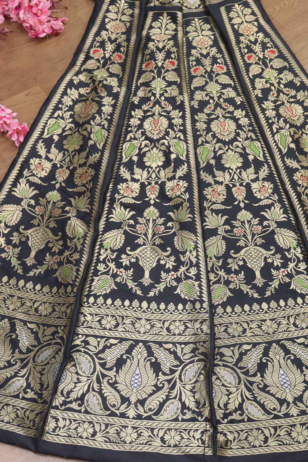 Exquisite Black Banarasi Katan Silk Lehenga Set - Unstitched - Luxurion World