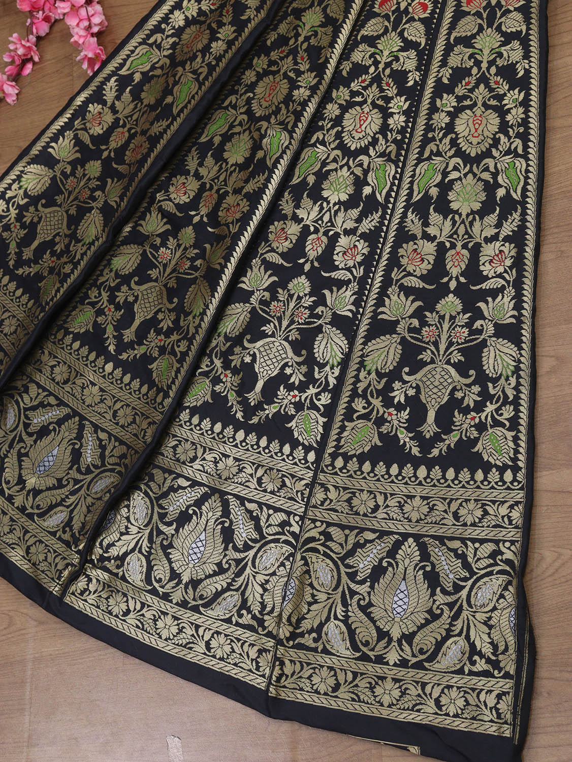 Exquisite Black Banarasi Katan Silk Lehenga Set - Unstitched - Luxurion World
