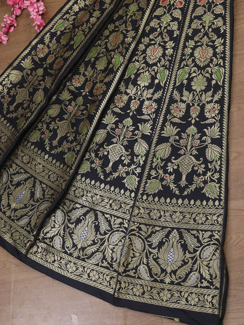 Exquisite Black Banarasi Katan Silk Lehenga Set - Unstitched - Luxurion World