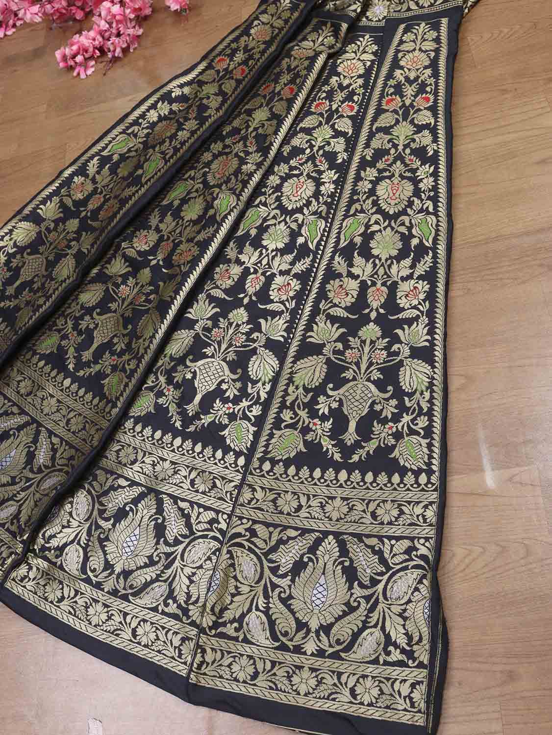 Exquisite Black Banarasi Katan Silk Lehenga Set - Unstitched - Luxurion World