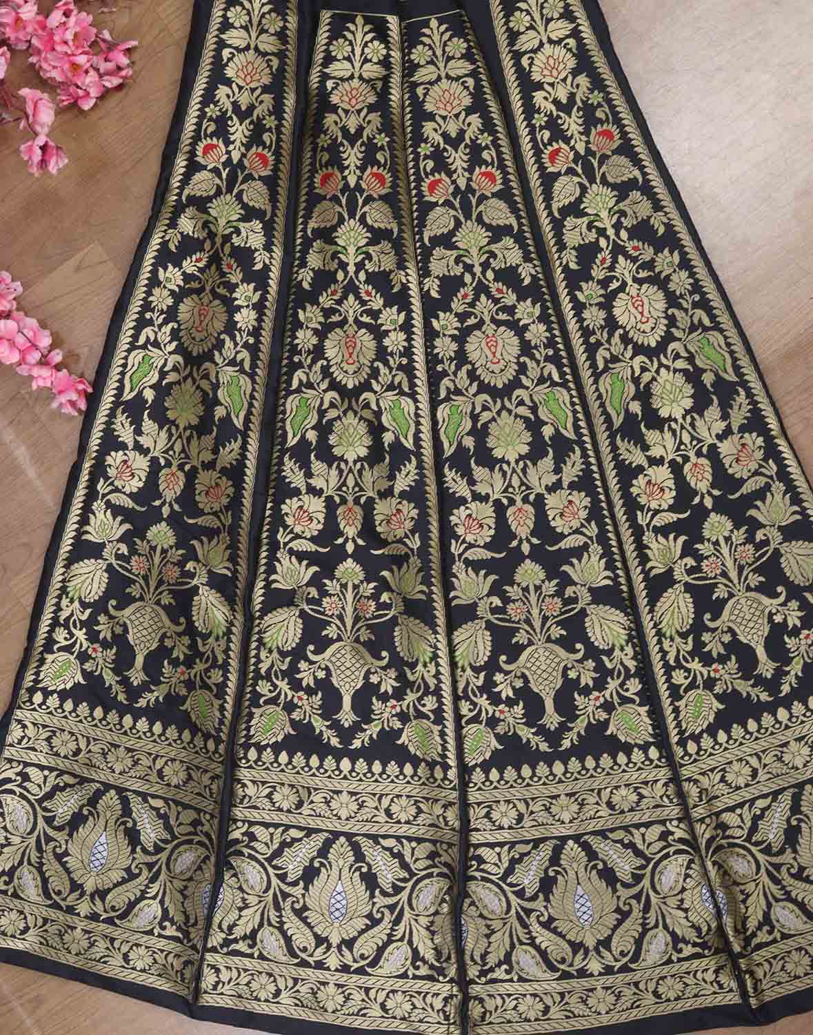 Exquisite Black Banarasi Katan Silk Lehenga Set - Unstitched - Luxurion World