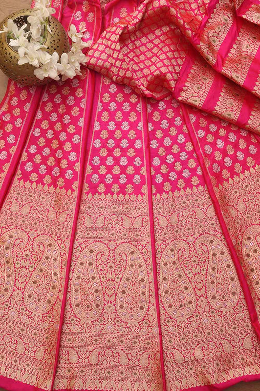 Unstitched Pink Banarasi Katan Silk Lehenga Set - Exquisite Design for a Timeless Look