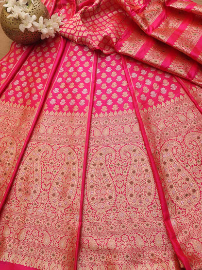 Unstitched Pink Banarasi Katan Silk Lehenga Set - Exquisite Design for a Timeless Look - Luxurion World