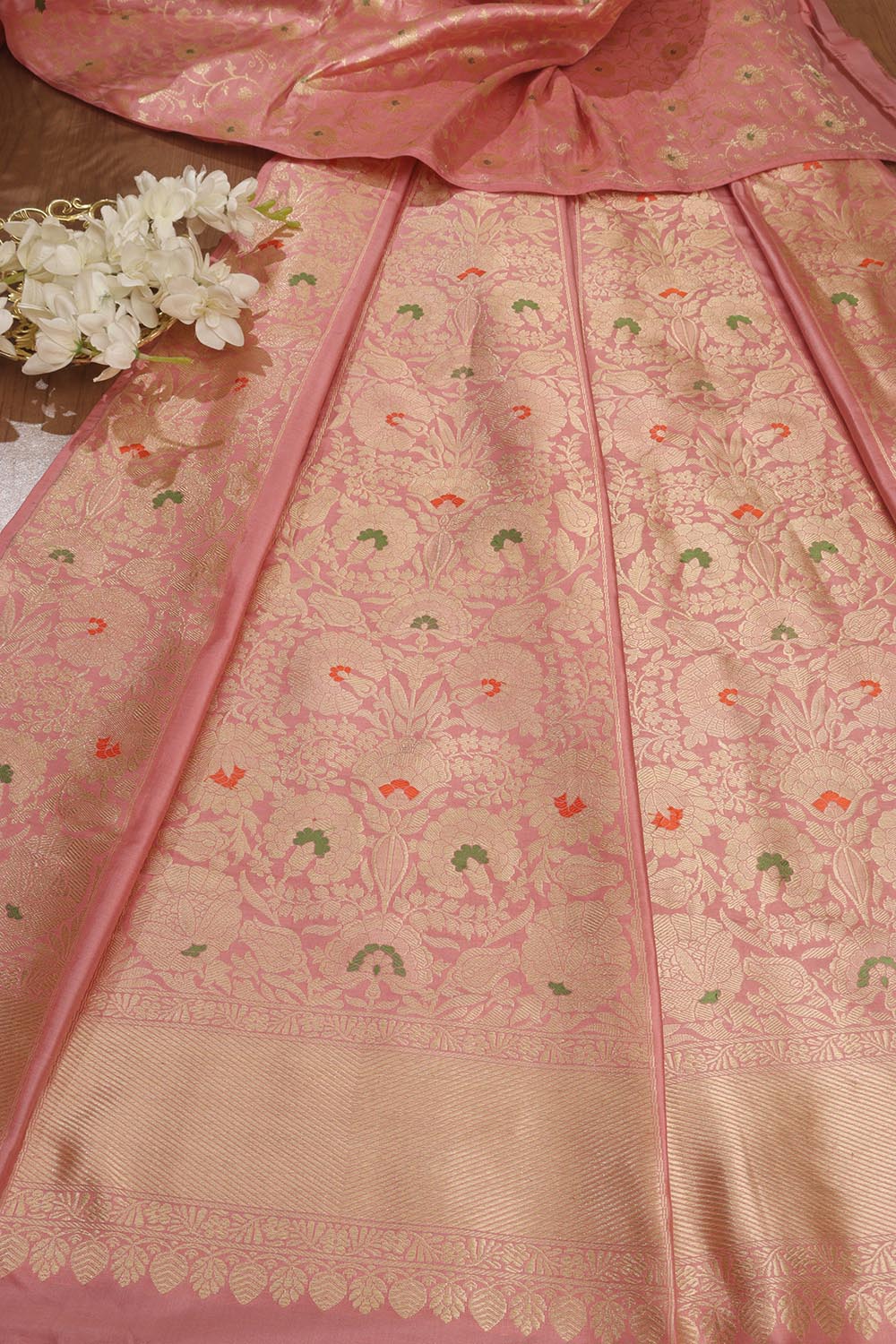 Pink Banarasi Pure Katan Silk Unstitched Lehenga Set - Luxurion World