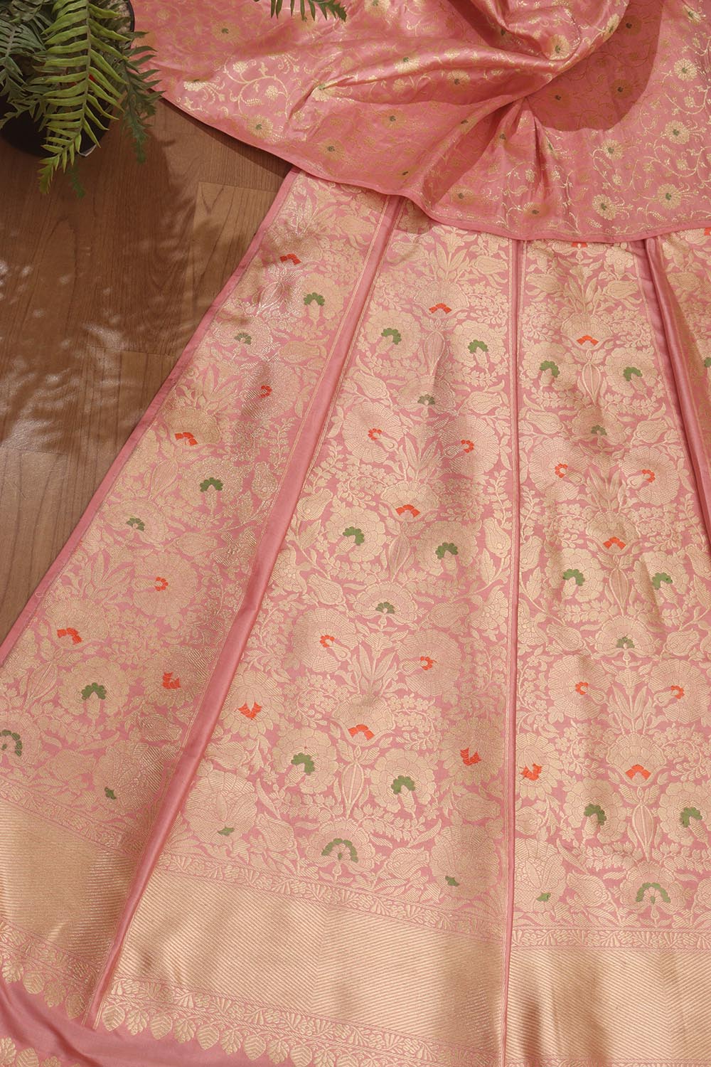 Pink Banarasi Pure Katan Silk Unstitched Lehenga Set - Luxurion World