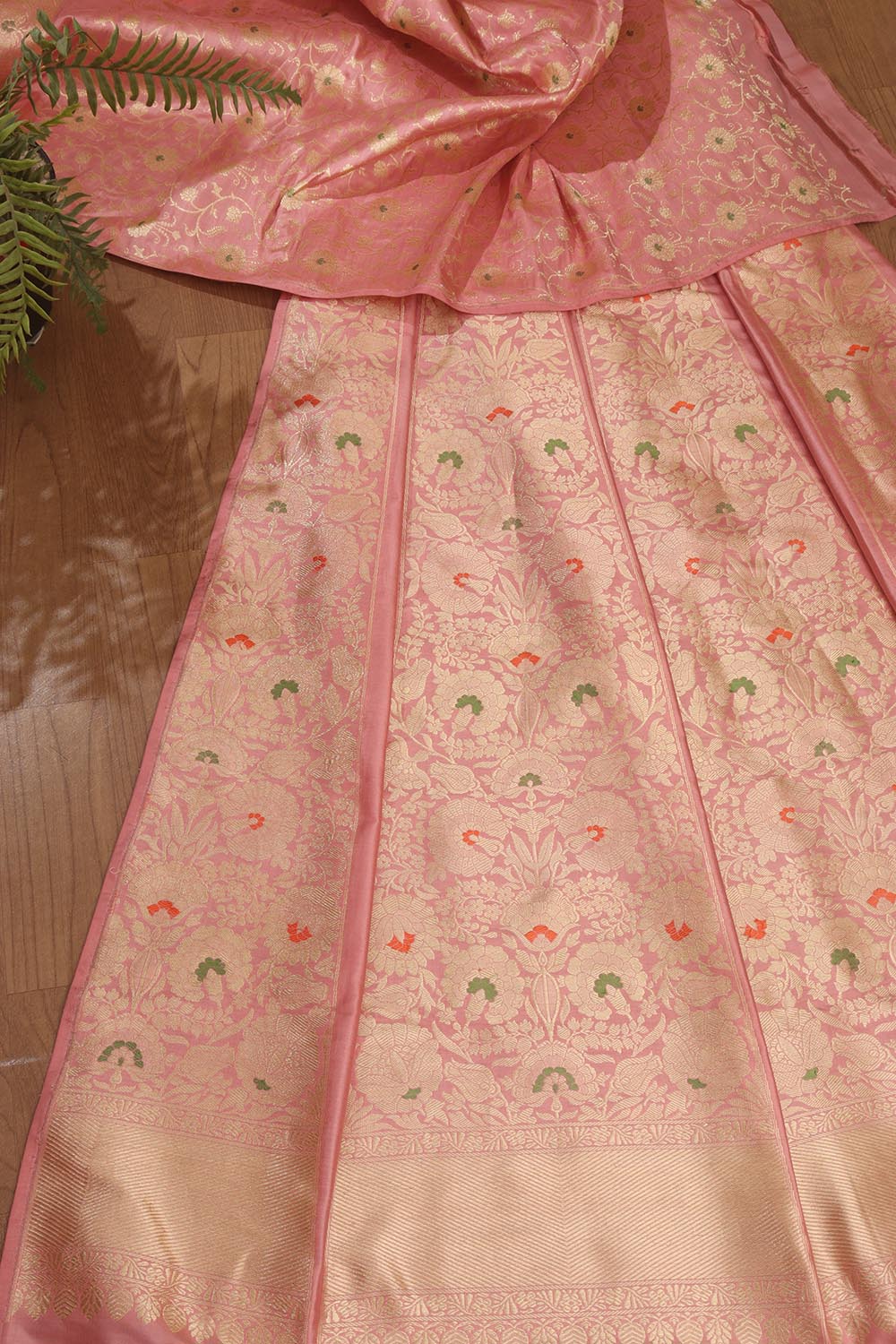 Pink Banarasi Pure Katan Silk Unstitched Lehenga Set - Luxurion World