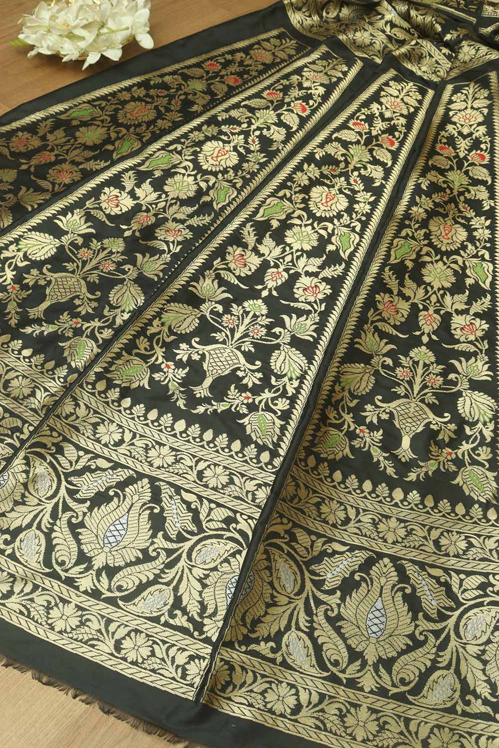 Black Banarasi Pure Katan Silk Unstitched Lehenga Set - Luxurion World