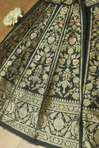 Black Banarasi Pure Katan Silk Unstitched Lehenga Set - Luxurion World