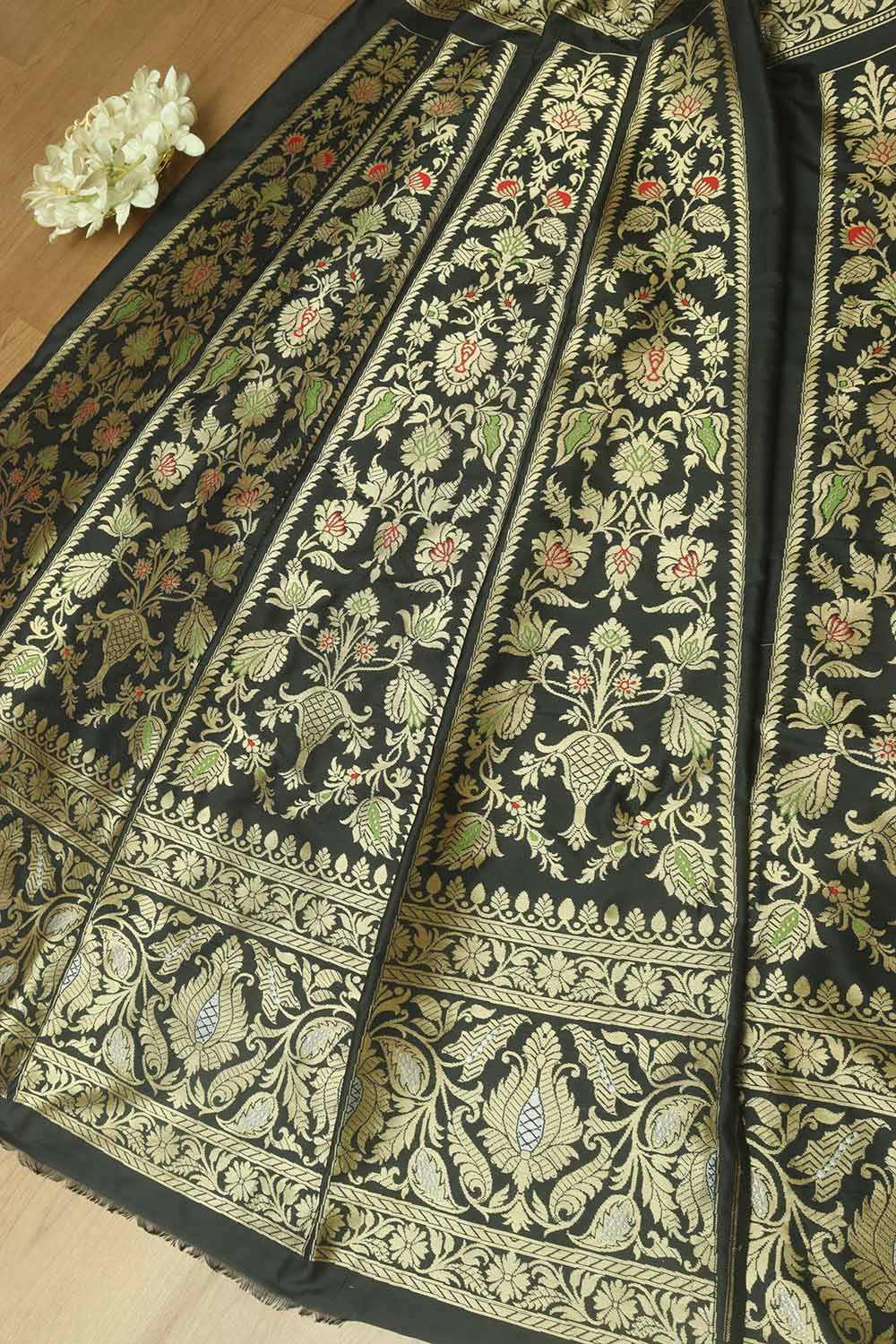 Black Banarasi Pure Katan Silk Unstitched Lehenga Set - Luxurion World