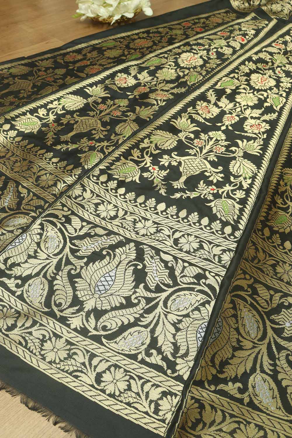 Black Banarasi Pure Katan Silk Unstitched Lehenga Set - Luxurion World