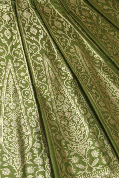 Green Banarasi Pure Katan Silk Unstitched Lehenga Set - Luxurion World