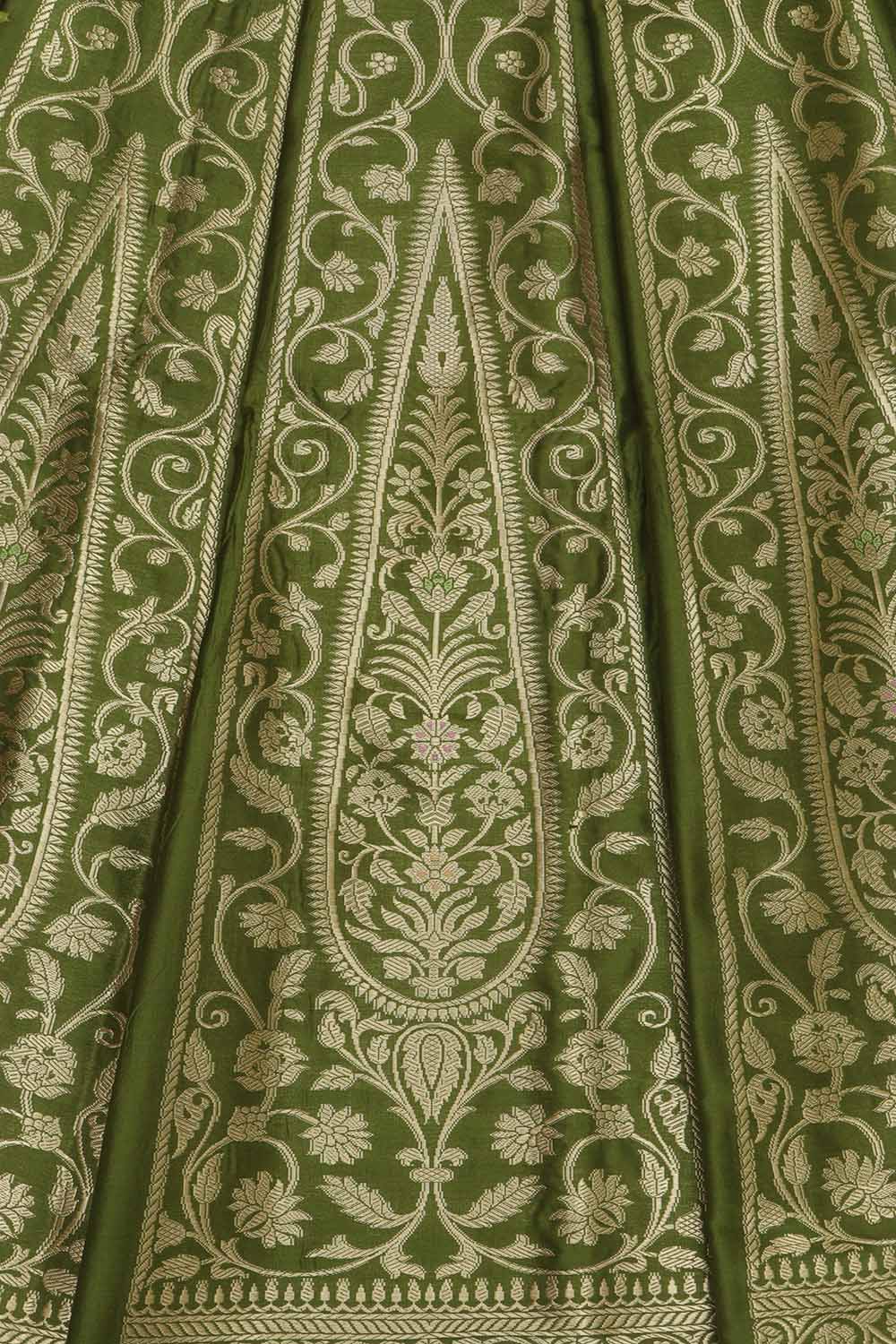 Green Banarasi Pure Katan Silk Unstitched Lehenga Set - Luxurion World