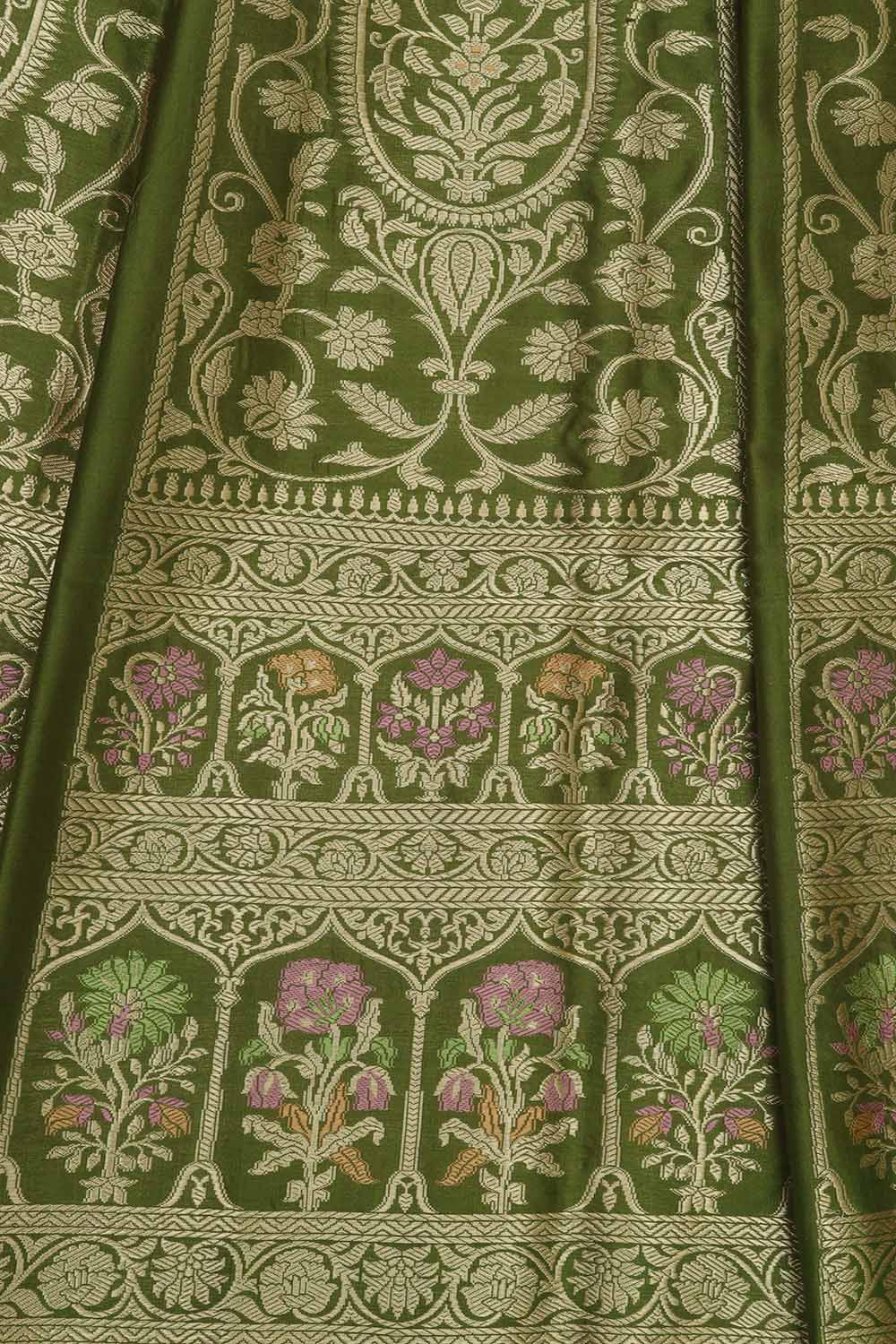 Green Banarasi Pure Katan Silk Unstitched Lehenga Set - Luxurion World