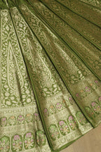 Green Banarasi Pure Katan Silk Unstitched Lehenga Set - Luxurion World