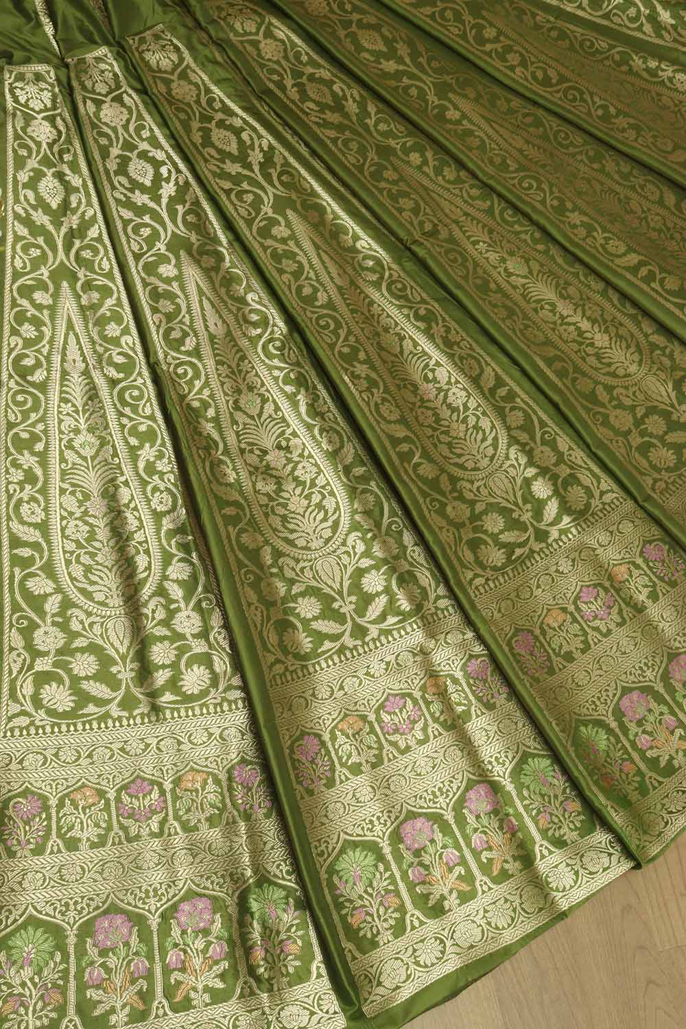 Green Banarasi Pure Katan Silk Unstitched Lehenga Set - Luxurion World