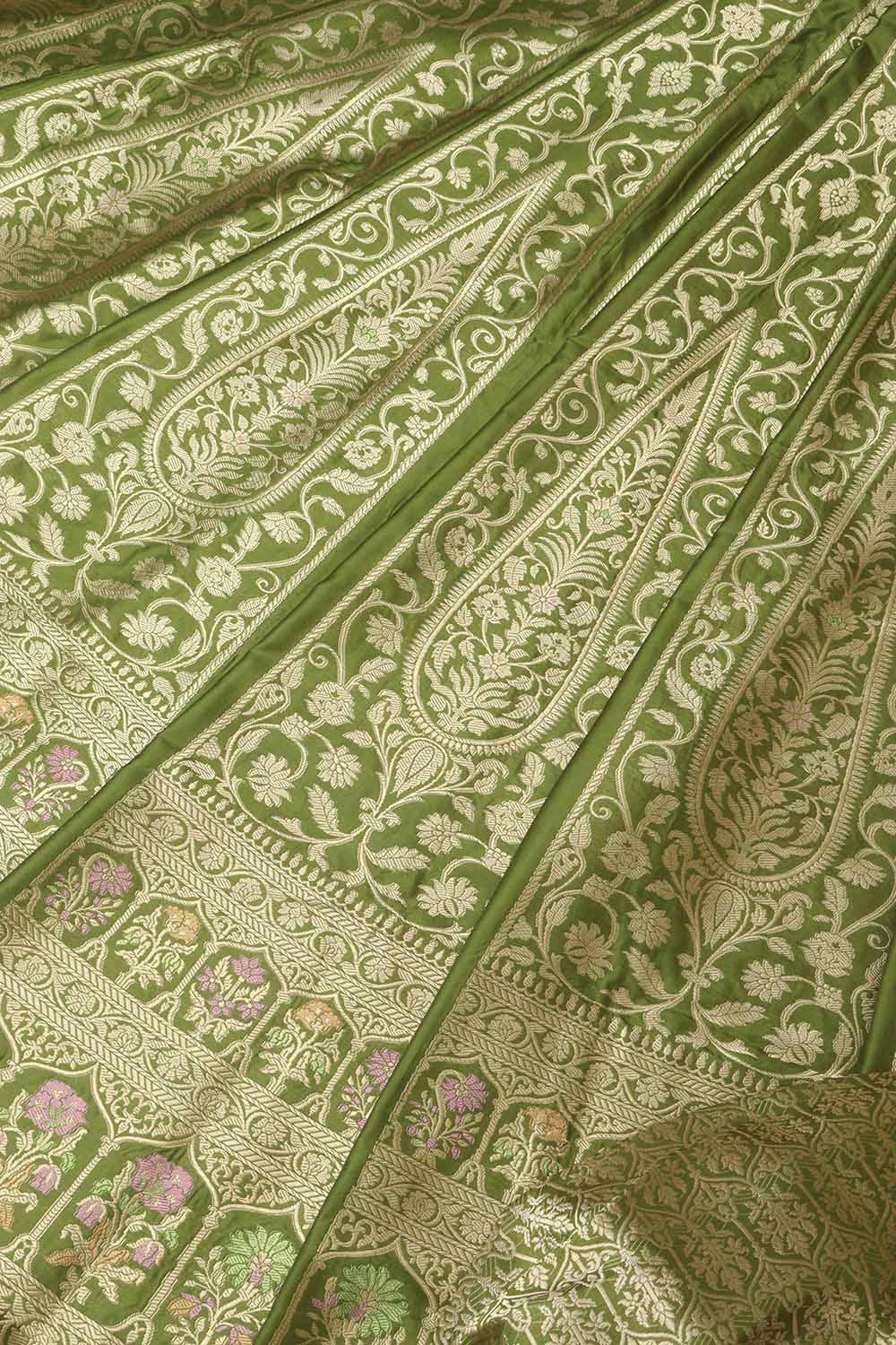 Green Banarasi Pure Katan Silk Unstitched Lehenga Set - Luxurion World