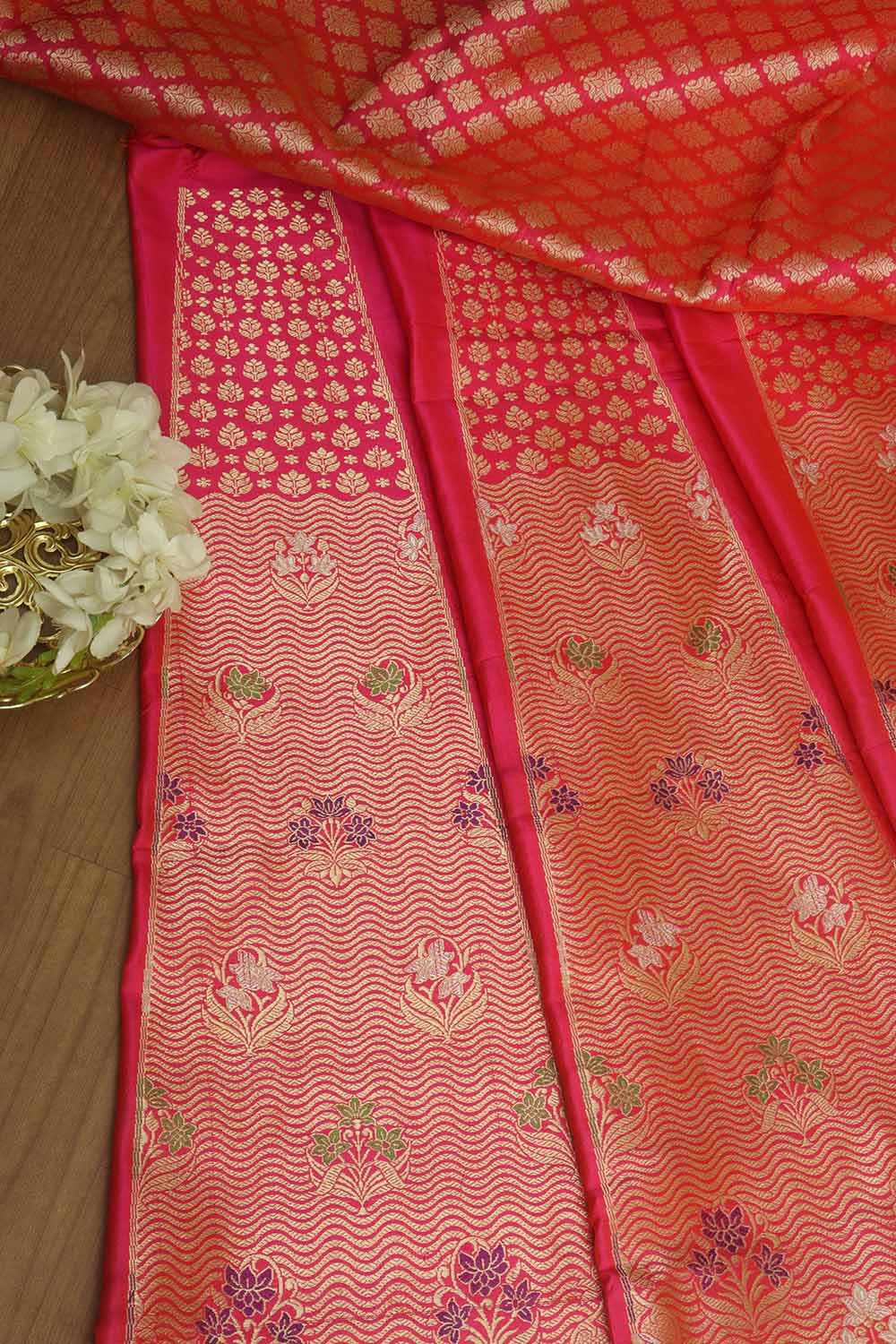 Pink Banarasi Pure Katan Silk Unstitched Lehenga Set - Luxurion World