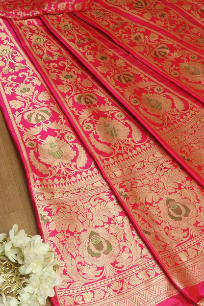 Pink Banarasi Pure Katan Silk Unstitched Lehenga Set - Luxurion World