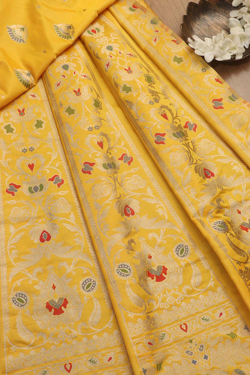 Yellow Banarasi Silk Unstitched Meenakari Lehenga Set - Luxurion World