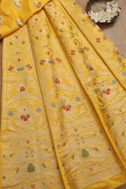 Yellow Banarasi Silk Unstitched Meenakari Lehenga Set - Luxurion World