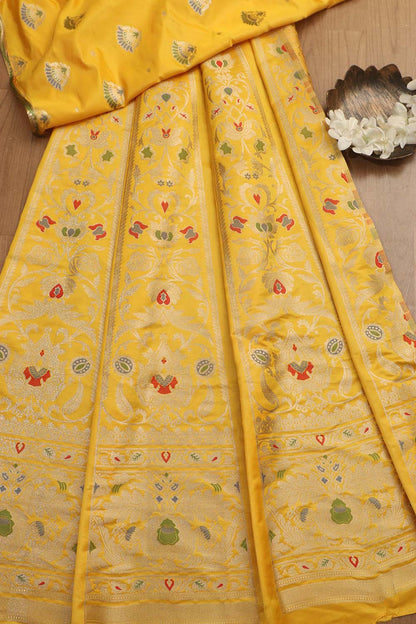 Yellow Banarasi Silk Unstitched Meenakari Lehenga Set - Luxurion World