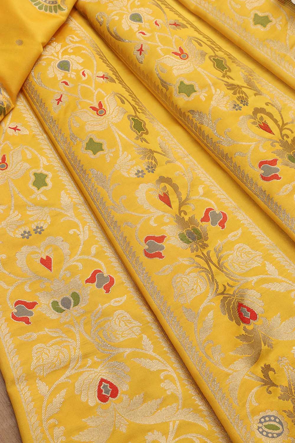 Yellow Banarasi Silk Unstitched Meenakari Lehenga Set - Luxurion World