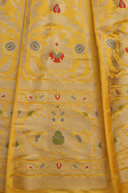 Yellow Banarasi Silk Unstitched Meenakari Lehenga Set - Luxurion World