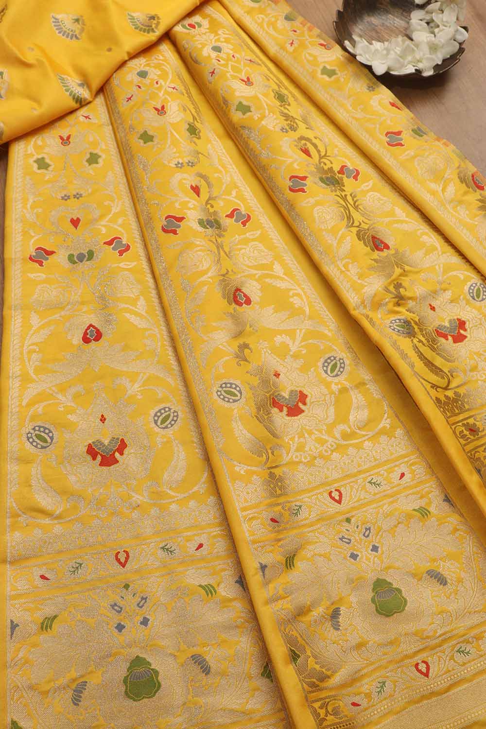 Yellow Banarasi Silk Unstitched Meenakari Lehenga Set - Luxurion World