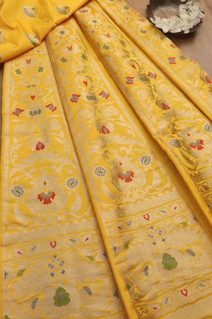 Yellow Banarasi Silk Unstitched Meenakari Lehenga Set - Luxurion World