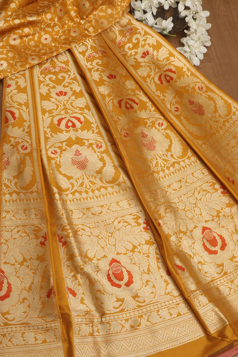 Yellow Banarasi Pure Katan Silk Unstitched Lehenga - Luxurion World