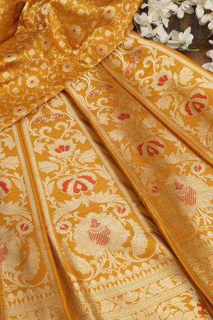Yellow Banarasi Pure Katan Silk Unstitched Lehenga - Luxurion World