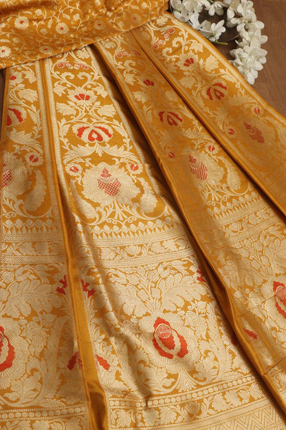 Yellow Banarasi Pure Katan Silk Unstitched Lehenga - Luxurion World
