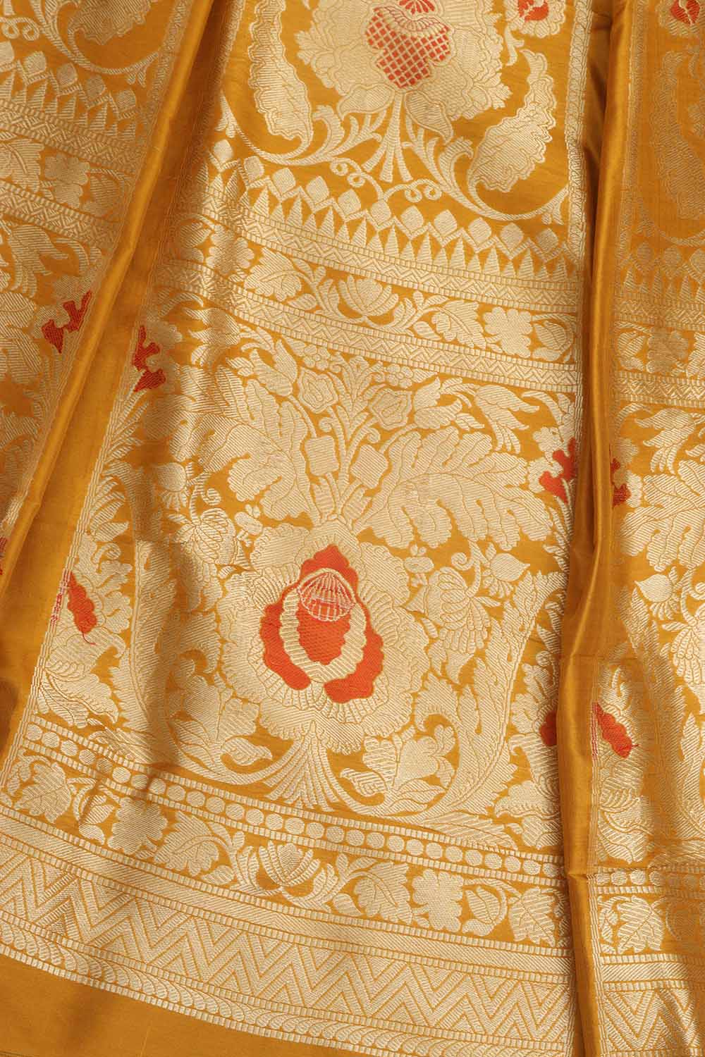 Yellow Banarasi Pure Katan Silk Unstitched Lehenga - Luxurion World