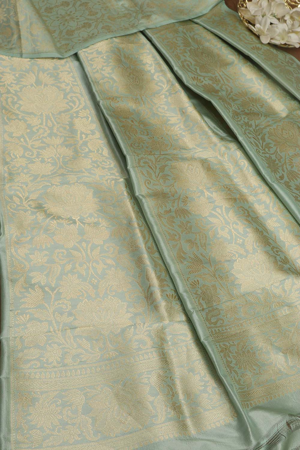 Green Banarasi Pure Katan Silk Unstitched Lehenga - Luxurion World