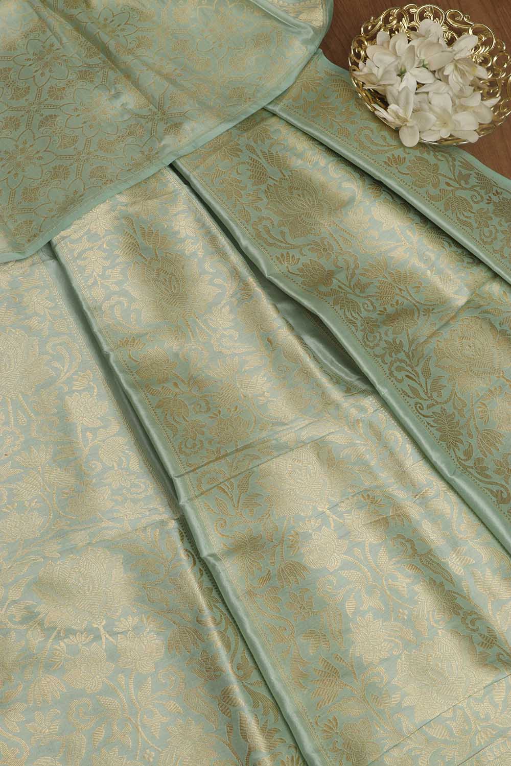 Green Banarasi Pure Katan Silk Unstitched Lehenga - Luxurion World