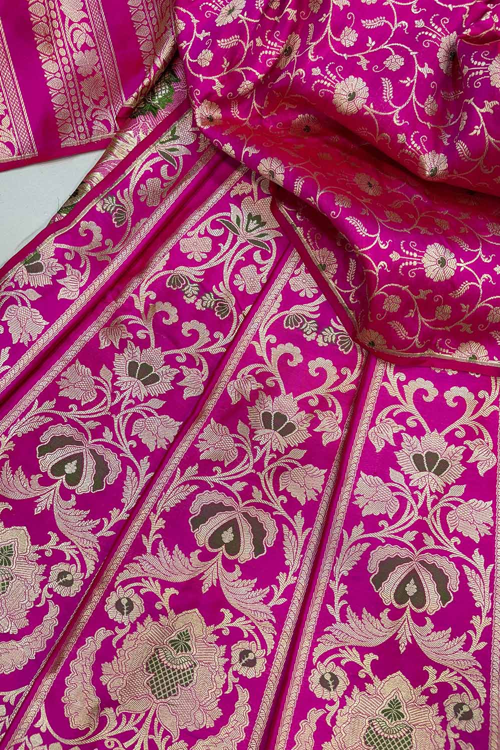 Pink Banarasi Pure Katan Silk Unstitched Lehenga Flower Design Meenakari Set - Luxurion World