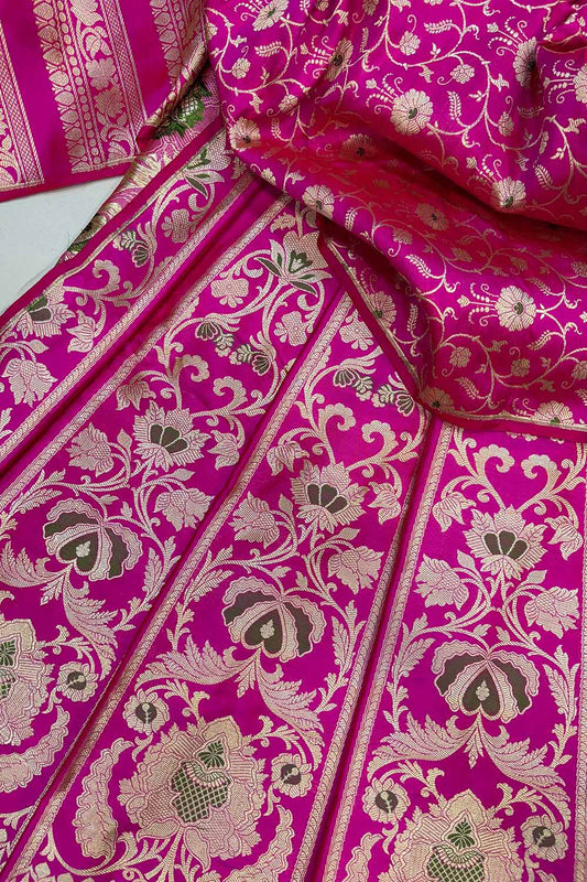 Pink Banarasi Pure Katan Silk Unstitched Lehenga Flower Design Meenakari Set - Luxurion World