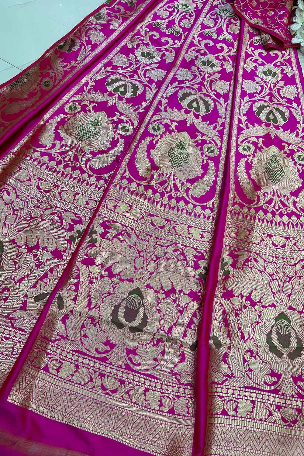 Pink Banarasi Pure Katan Silk Unstitched Lehenga Flower Design Meenakari Set - Luxurion World