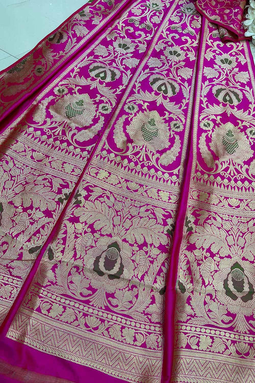Pink Banarasi Pure Katan Silk Unstitched Lehenga Flower Design Meenakari Set - Luxurion World