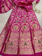 Pink Banarasi Pure Katan Silk Unstitched Lehenga Flower Design Meenakari Set - Luxurion World