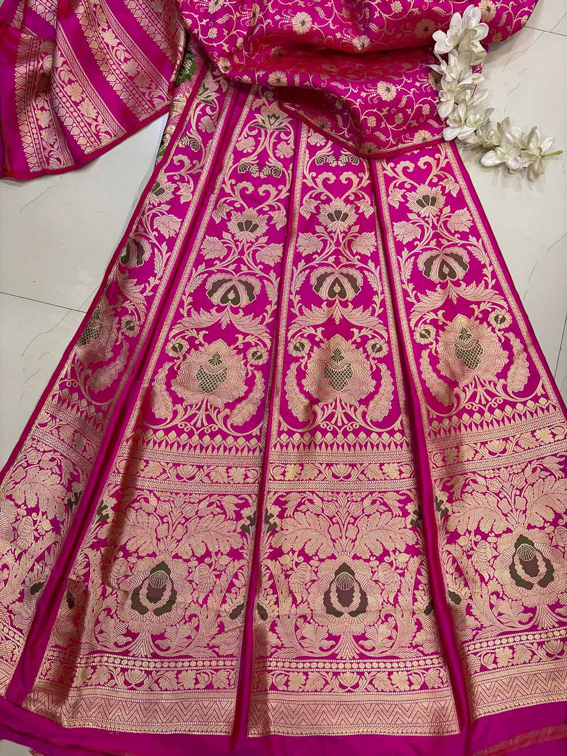 Pink Banarasi Pure Katan Silk Unstitched Lehenga Flower Design Meenakari Set - Luxurion World