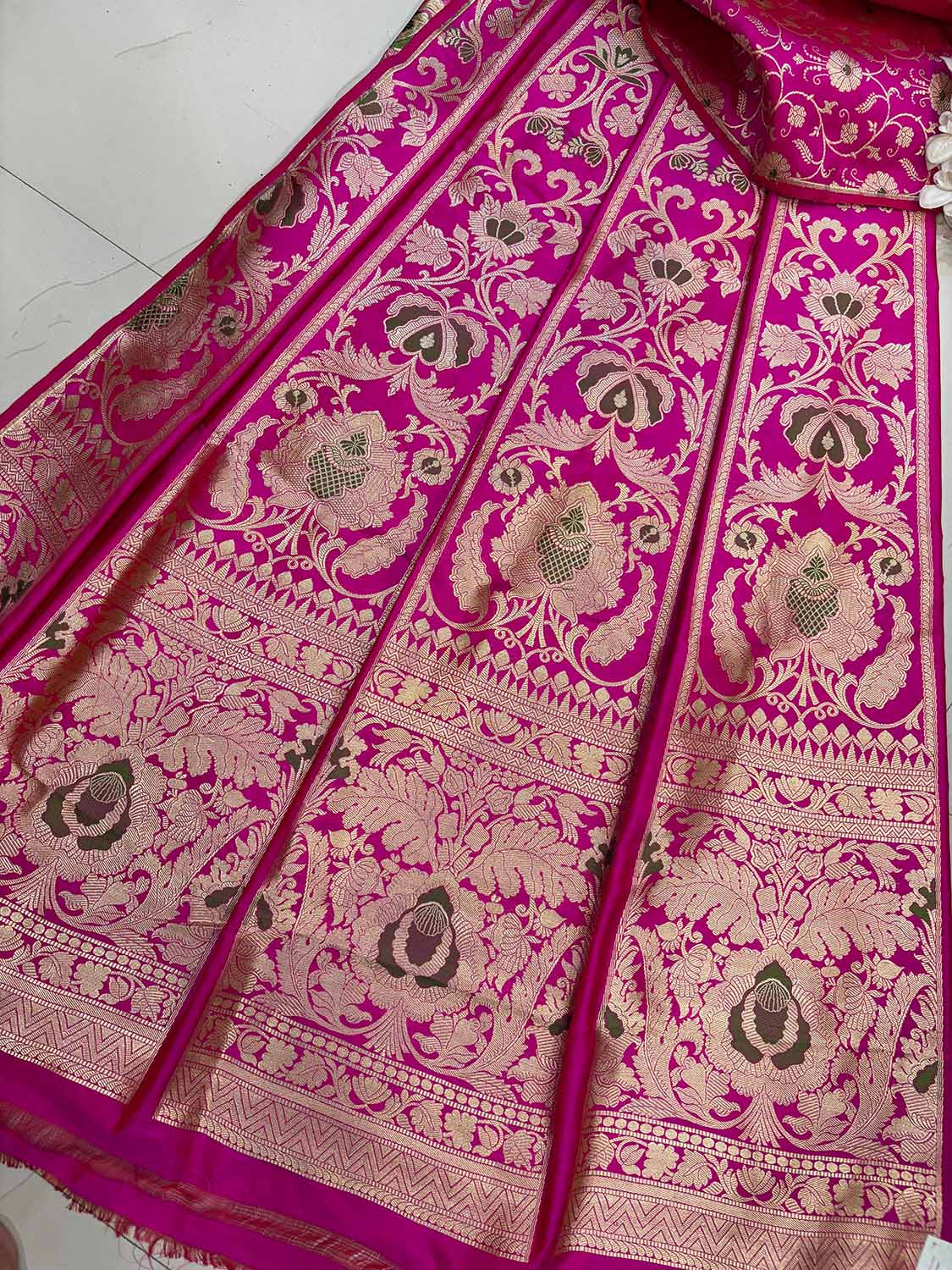 Pink Banarasi Pure Katan Silk Unstitched Lehenga Flower Design Meenakari Set - Luxurion World