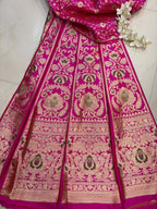 Pink Banarasi Pure Katan Silk Unstitched Lehenga Flower Design Meenakari Set - Luxurion World