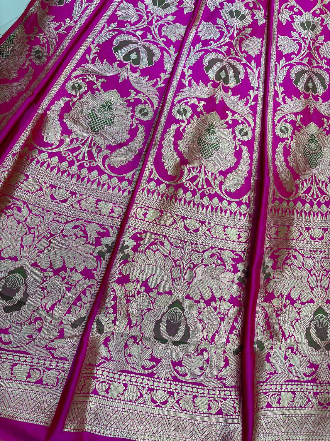 Pink Banarasi Pure Katan Silk Unstitched Lehenga Flower Design Meenakari Set - Luxurion World