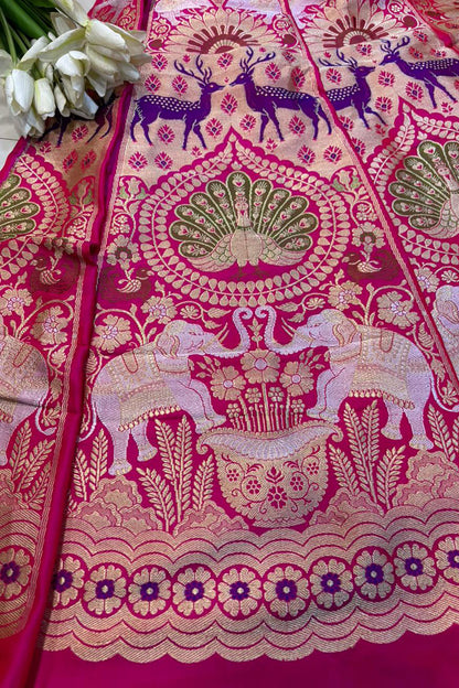Pink Banarasi Pure Katan Silk Unstitched Lehenga Animal Design Set - Luxurion World