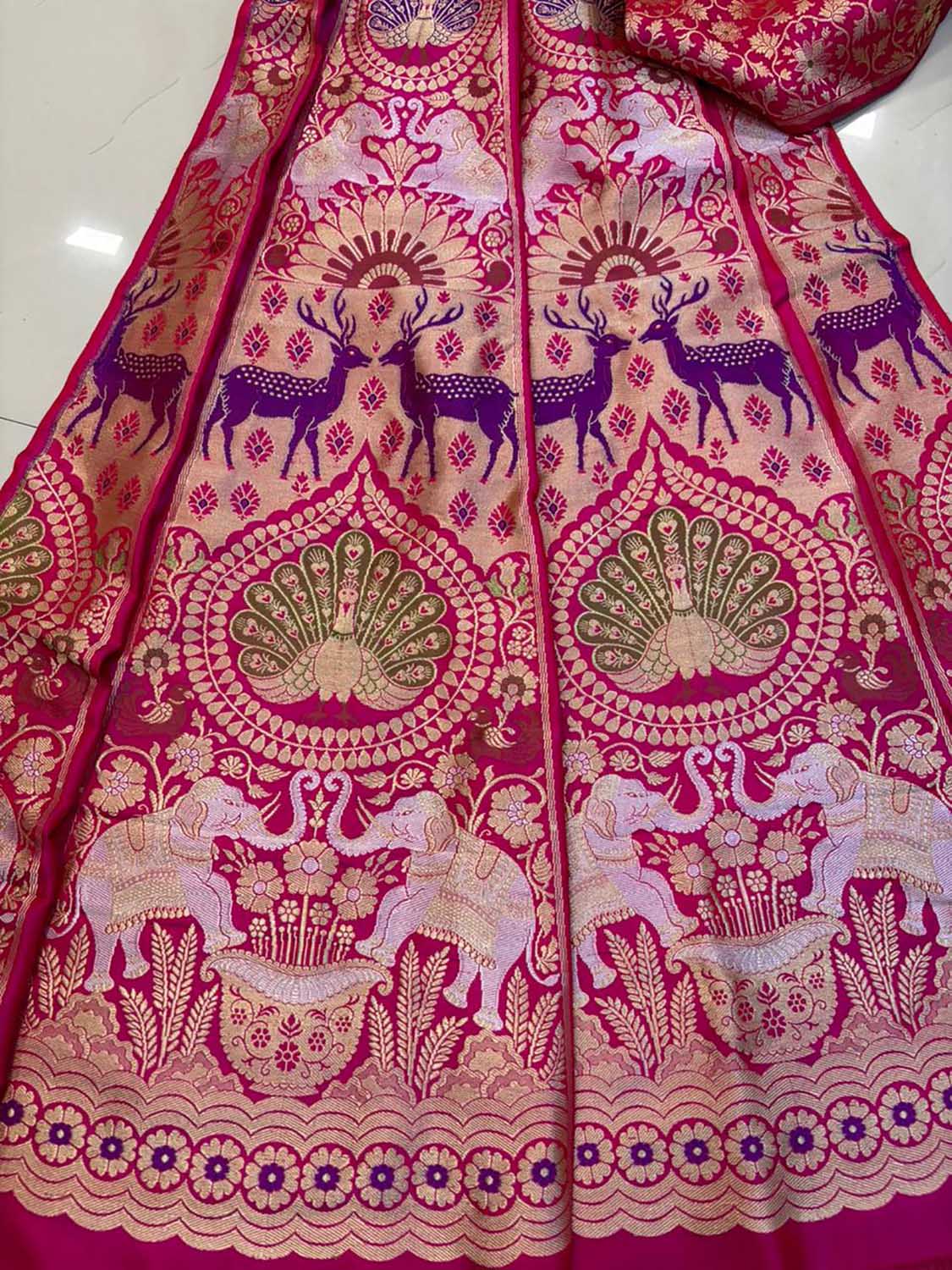 Pink Banarasi Pure Katan Silk Unstitched Lehenga Animal Design Set - Luxurion World