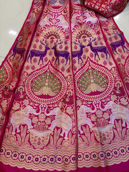 Pink Banarasi Pure Katan Silk Unstitched Lehenga Animal Design Set - Luxurion World