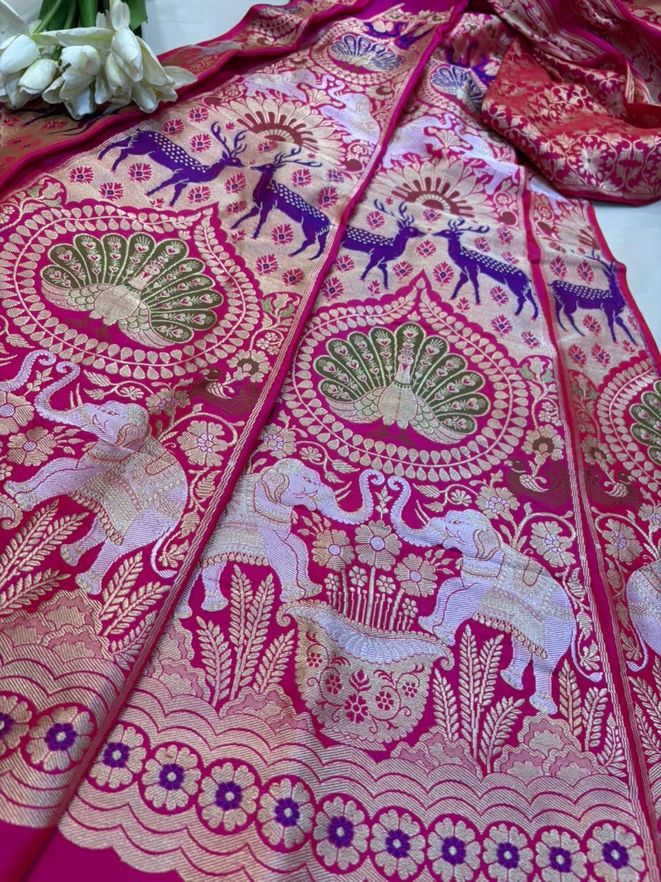 Pink Banarasi Pure Katan Silk Unstitched Lehenga Animal Design Set - Luxurion World