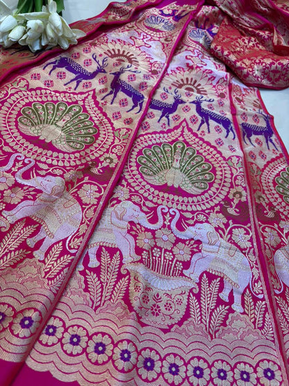 Pink Banarasi Pure Katan Silk Unstitched Lehenga Animal Design Set - Luxurion World