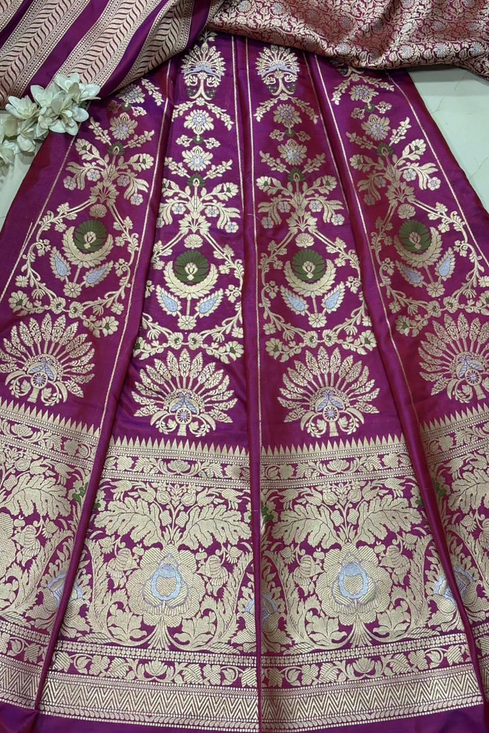 Exquisite Purple Banarasi Pure Katan Silk Flower Design Meenakari Unstitched Lehenga Set - Luxurion World